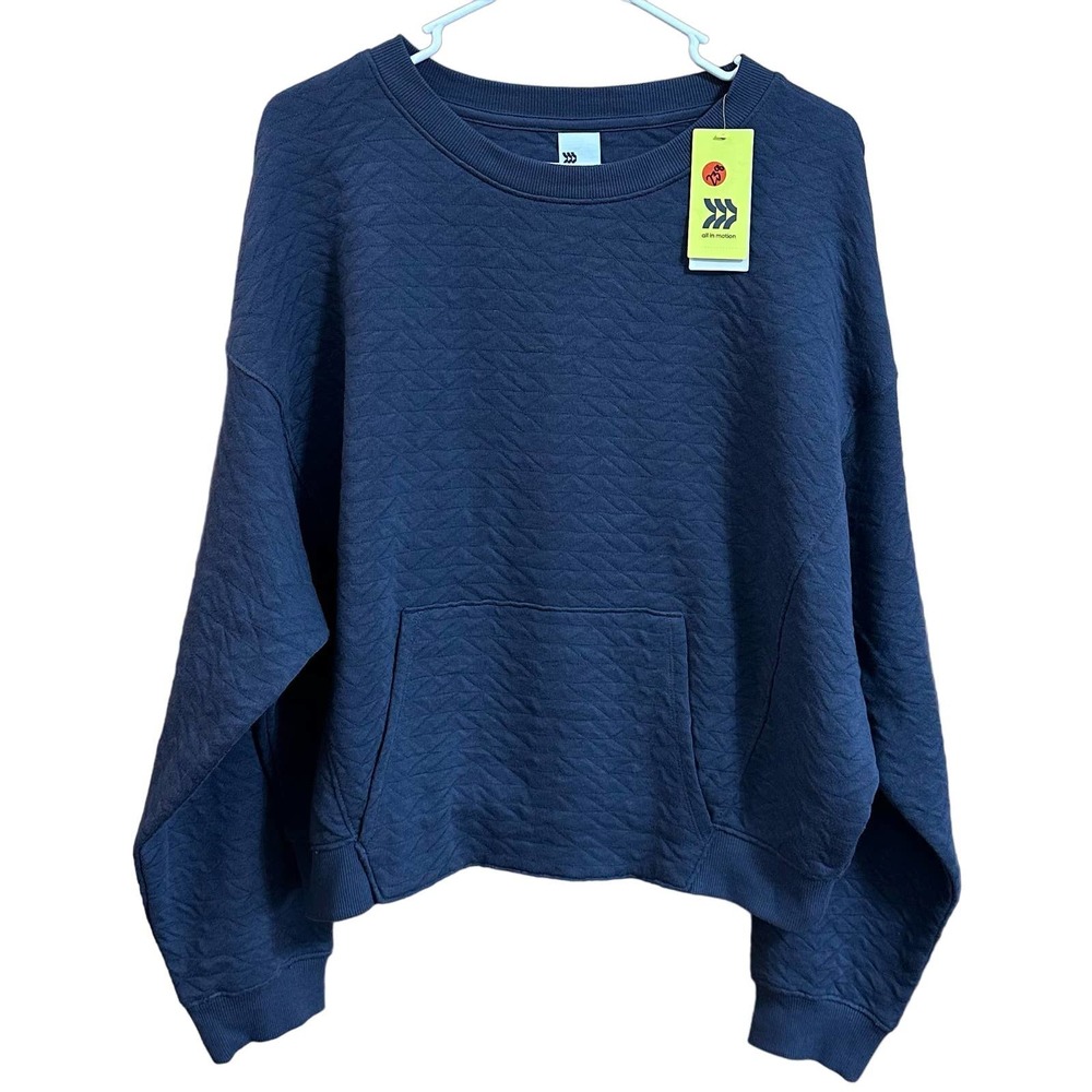 NWT, All In Motion Women’s Sz Med Blue Comfy Patterned Sweatshirt Kangaroo Pouch - Picture 1 of 13